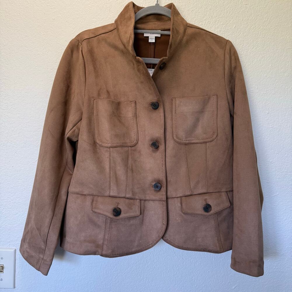 J.Jill NWT Faux Suede Patch Pocket Jacket Brown Sz M Petite Barn Western Boho - Picture 3 of 8